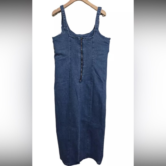 Denim Jean Jumper Dress overall Scoop Neck Zip Back NEW 90s Y2K Cottagecore Maxi - Picture 3 of 7